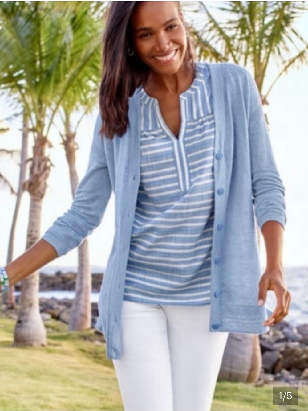 Talbots Linen Pale Blue V-Neck Button-Front Cardigan Large